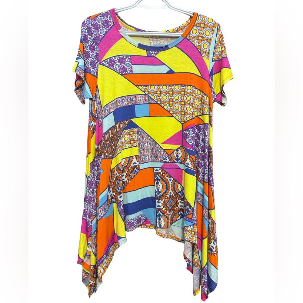 NWD Oddy Boho Multi Colored Patchwork Asymmetrical Hem Flowy Top size small